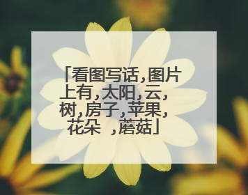 看图写话,图片上有,太阳,云,树,房子,苹果,花朵 ,蘑菇